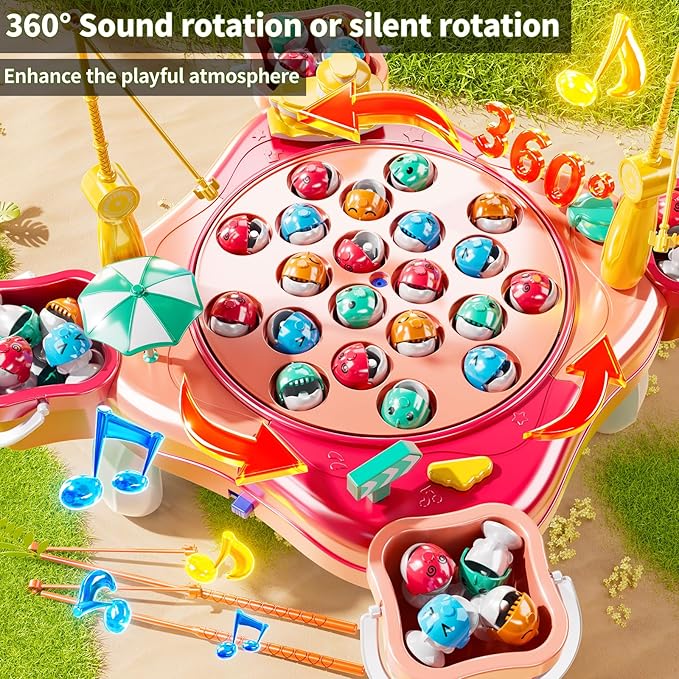 Magnetic Fishing Game Toys, Rotating Board Game with Music Including 48 Fishes and 8 Fishing Poles, Party Game Toys for Kids Age 4 5 6 7 8 and Up