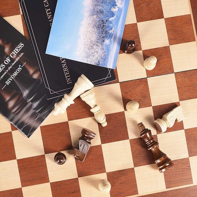 Magnetic Wooden Chess Set 15" Unique Chess Board Game with Chess Pieces Storage Slots, Tournament Portable Folding Travel Chess Sets for Kids Adults Beginner and Pros, 2 Extra Queens