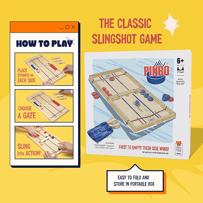 The Classic Slingshot Game | Fast Action Foldable 2-Player Tabletop Wooden Game for Kids & Adults | Great for Travel & Game Night | Three Gates Included