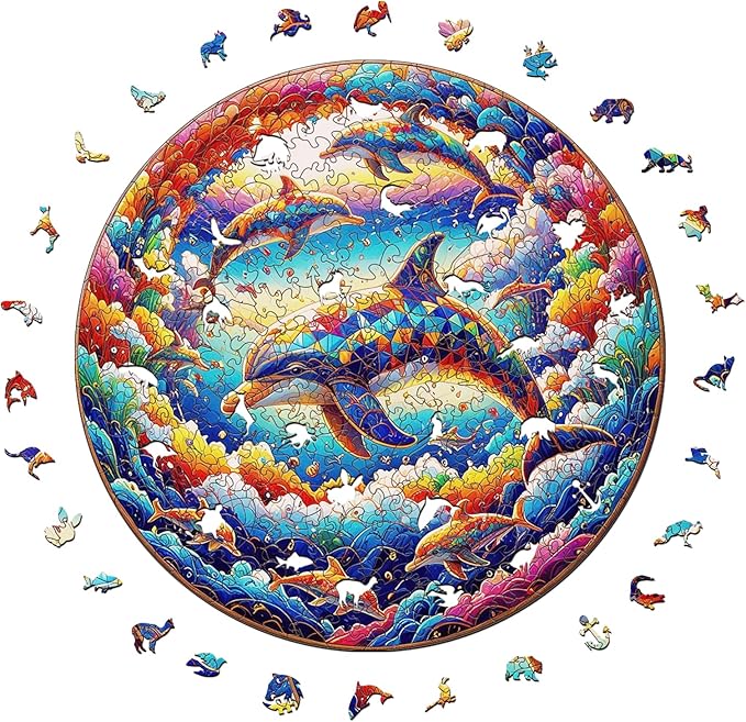 Wooden Puzzle for Adults – Unique Dolphin-Shaped Jigsaw, Colorful Ocean Animal Design Brain Teaser for Kid & Teen, 220 Pieces, 10"x10", Ships as Whole Puzzle Board, Gift-Ready Box, Fun Family Game