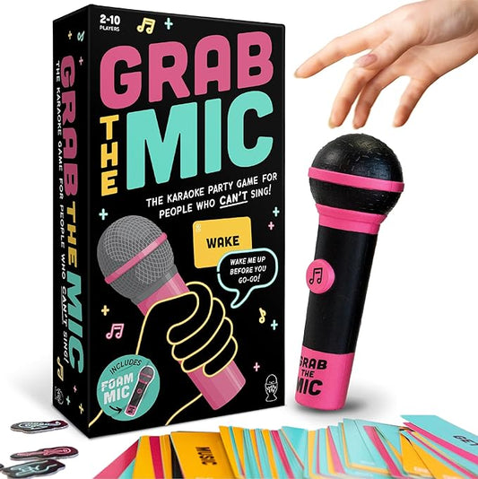 Lucky Egg Official Grab The Mic – Family Karaoke Game, 8+ Year Olds, 2-10 Players - Board Game for Bad Singers with 250 Lyrics (125 Cards) for Hilarious Game Nights & Birthday Party, Kids Gift