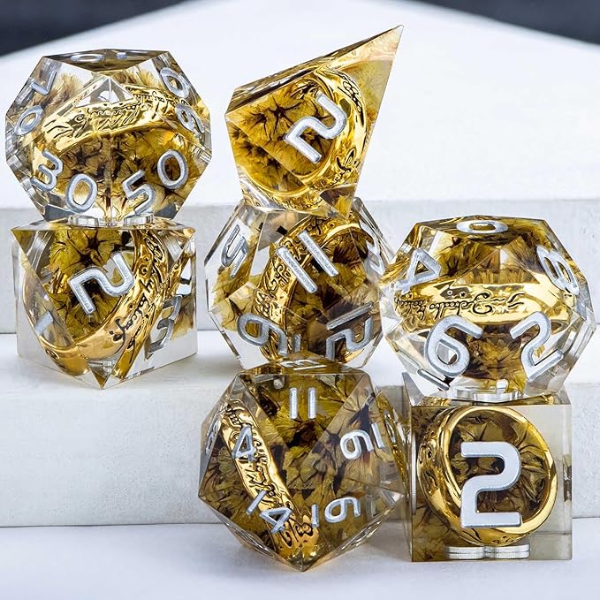 Magic Golden Ring DND Dice Set Sharp Edge Red Resin Dice with Box, for use with RPG D&D Tabletop Games Lord D and D Polyhedral Dice Set