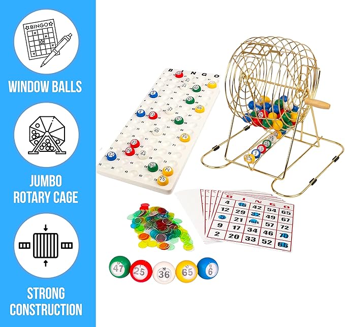 Regal Bingo Professional Bingo Game Set with 11" Wheel Cage, 75 Bingo Balls, Master Board, 18 Bingo Cards & 25 Jumbo Reusable Cards, and Colorful Chips - Bingo Games for Adults Large Group - Gold