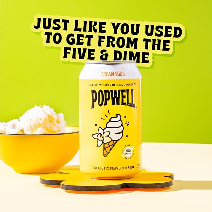 Popwell Cream Soda Caffeinated Better-For-You Prebiotic Soda, with 6g Fiber, 1g Sugar, Vitamins and Immunity Support, 12 fl oz Cans (pack of 12)