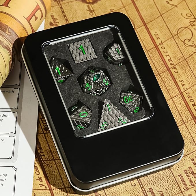 Metal Dice Set D&D,7 PCS Dragon Scale Metallic DND Dice Set,Dragon Eye Metal Dice with Grogeous Gift Case for Dungeons and Dragon Tabletop Game (Black Dragon Scale & Green Eye)