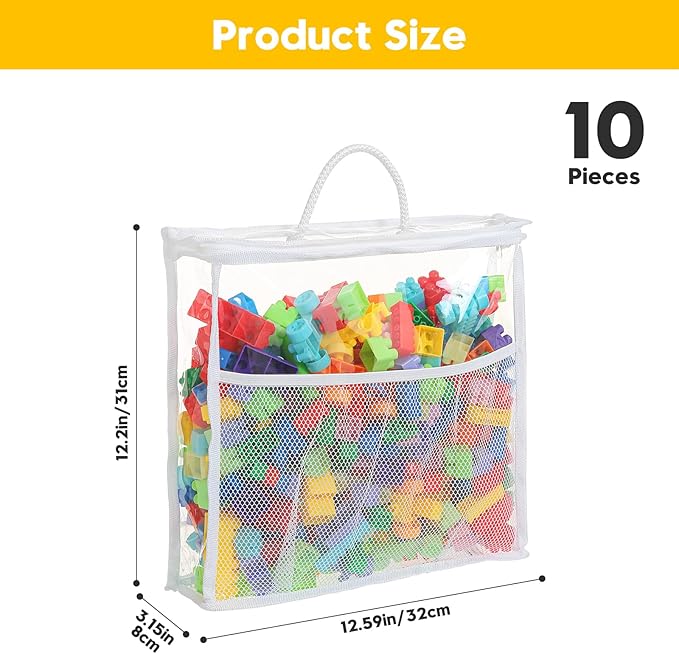 10 PCS Clear Zippered Toy Storage Bags with handle, Kids Toy Storage Organizer with Mesh Pocket for Instructions, Playroom Organizer Plastic Bags for Blocks Set Puzzles-White