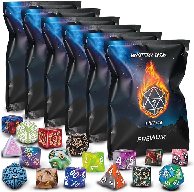 QMAY Polyhedral Dice - 48PCS Mystery Dice Set, Various Styles, Random D&D Dice Patterns & Dice Bag, 6 Mystery Bags, DND Gifts, Suitable for Dungeons and Dragons, RPG, MTG,Role Playing Table Game