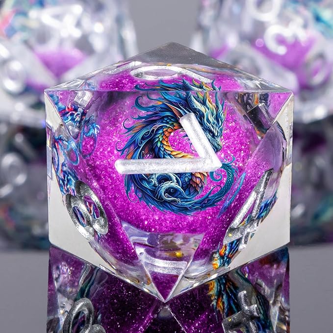Dragon Pattern Liquid Core DND Dice Set, 7Pcs Sharp Edge D&D Dice with Gift Box, Resin Purple Dungeons Dragons D and D Role Playing Dice D20 D12 D10 D8 D6 D4