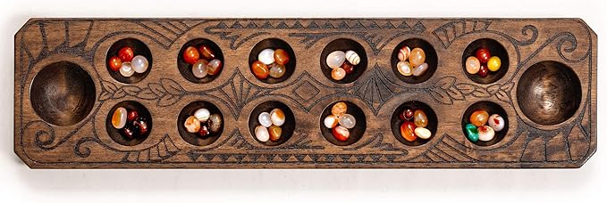 Yellow Mountain Imports Mancala Set with 17.3-Inch Solid Wood Board and Quartz Pebble Playing Pieces