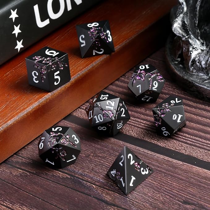 Glitter Purple Metal D&D Dice, DNDND 7 PCS Flower Metallic DND Dice Set with Gorgeous Gift Case for Dungeons and Dragon Tabletop Game (Matte Black with Glitter Purple Flower)