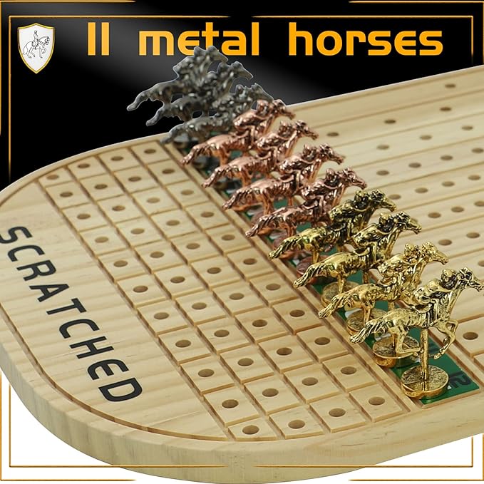 Horse Race Board Game Racing Game Thickened Solid Wood with 11 Luxurious Durable Classic Metal Horses with 4 Dice and 2 Boxes of Cards Horse Racing Game (Log Color, Oval)…