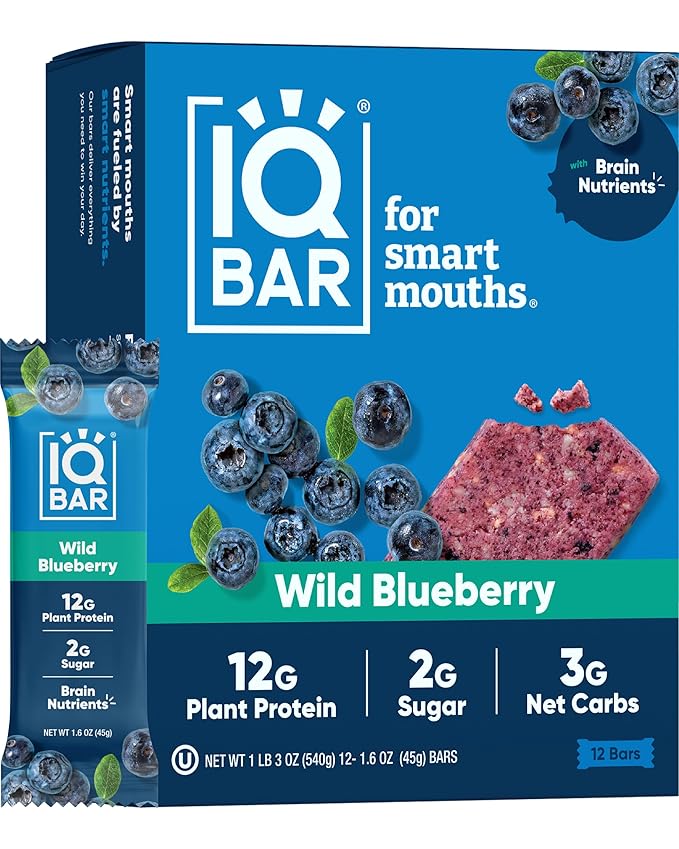 IQBAR Brain and Body Plant Protein Bars - Wild Blueberry - 12-Count Low Carb - Gluten Free, High Fiber, Vegan Snacks - Low Sugar Meal Replacement