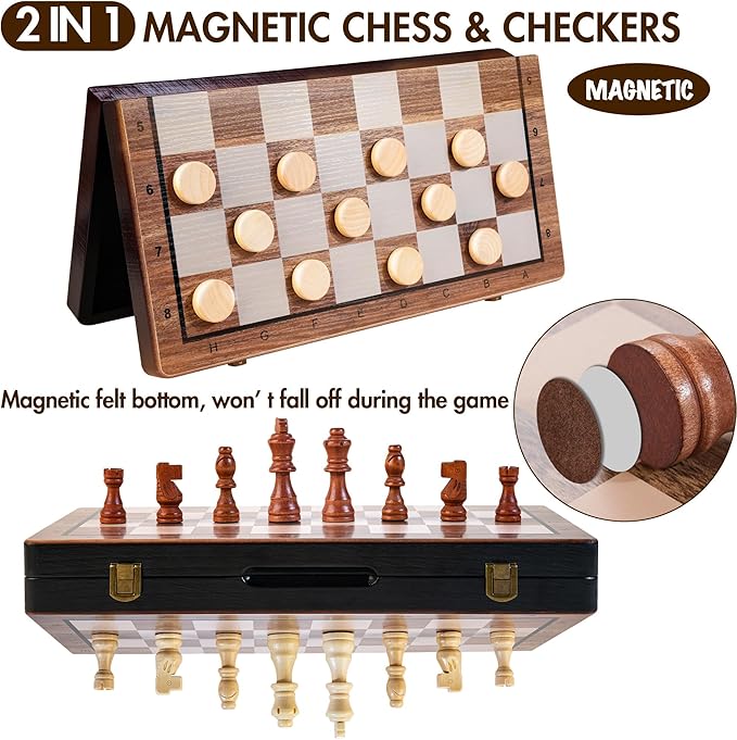 2 in 1 Magnetic Wooden Chess Set & Checkers Board Game, 15’’ Folding Chess Board with Pieces Storage Slots, 2 Extra Queens, Portable Travel Chess Set for Kids Adults Beginner Age 3+