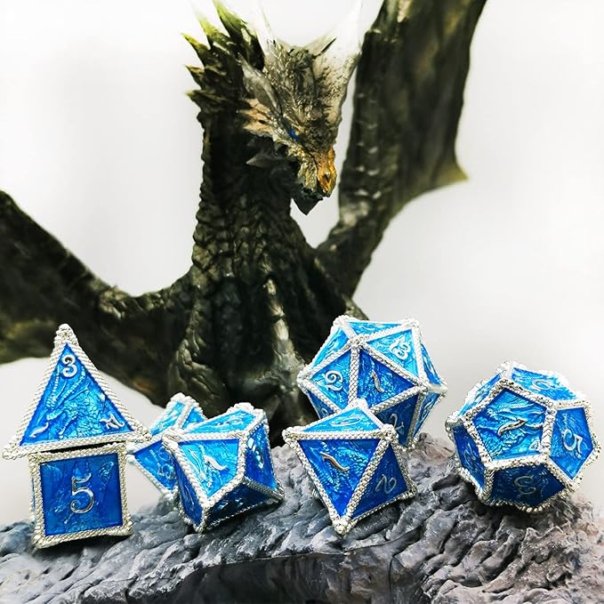 HAOMEJA Metal Dragon Dice Set DND 7 Set Dice Role Playing Dice D&D Dungeons and Dragons (Silver Blue)