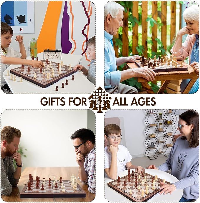 2 in 1 Magnetic Wooden Chess Set & Checkers Board Game, 15’’ Folding Chess Board with Pieces Storage Slots, 2 Extra Queens, Portable Travel Chess Set for Kids Adults Beginner Age 3+