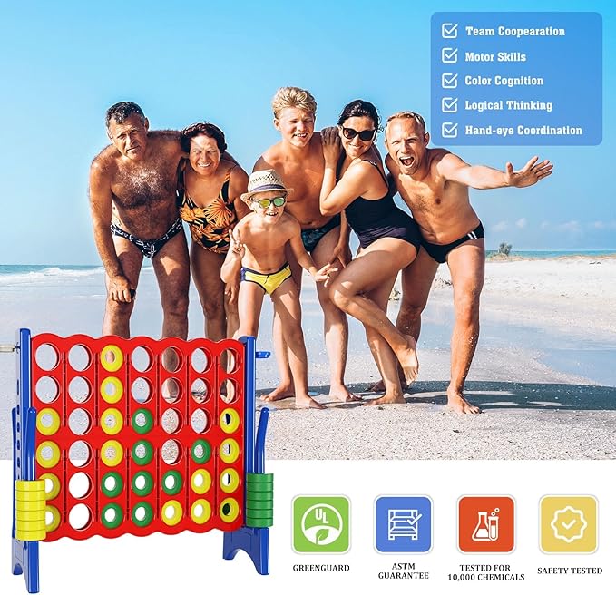 Jumbo 4 in a Row Game Set,4FT Giant Game Set with Carry Bag&42 Pieces Rings&Cup Holder,Indoor/Outdoor Yard Game for Kids & Adults-Fun Family&Party Game-Boosts Brain Power(Red&Blue)