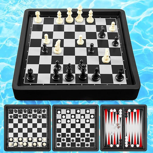 Liliful Floating Multi Game board Reversible Foldable Chess Board Tic Tac Toe Portable Travel Backgammon Chess and Checkers Game Set Pool Board Games for Family Pool Playing Board Games (3 in 1 Chess)