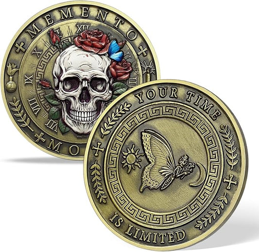 Memento Mori Coin Momento Mori Coin Skull Coin Stoic Gifts Memento Mori Calendar Living Memento Mori Amor Fati Coin (Moth Rose Skull)