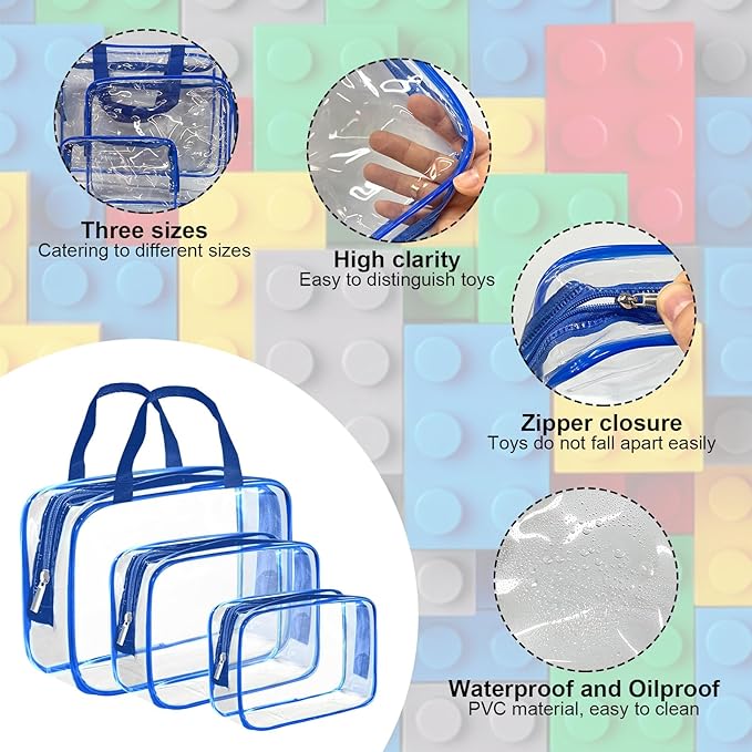 9 Packs Clear PVC Toy Storage Bags Toiletry Bags Waterproof Kids Zippered Toy Organizing Bags for Building Blocks Puzzle Stationery Blue
