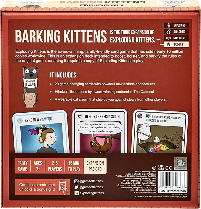 Barking Kittens Expansion Pack by Exploding Kittens, Original Game Required - 2-5 Players - Ages 7+ - 15 Minutes to Play - Party Game, Ideal for Family Night, Kids and Adults