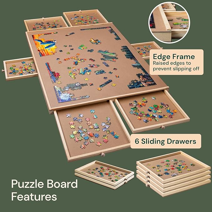 PlayVibe Puzzle Locker 1500 Piece Puzzle Board with Drawers and Cover - Jigsaw Solve Station - Sturdy Jigsaw Puzzles Table with 6 Drawers 27" x 35" - Portable Wooden Tray, Puzzles Accessories