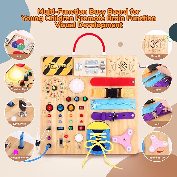 Busy Board,Montessori Toys for 1-3 Year Old Boys & Girls,Travel Educational Learning Activities for Toddlers,Sensory Toy for Kids with Autism (Busy Board v3)