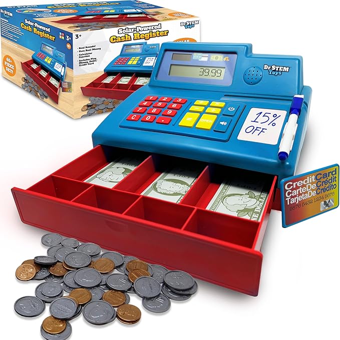 Dr. STEM Toys Solar Powered Calculator Pretend Cash Register with Play Money – 67-Piece Set for Learning Math Skills, STEM Cash Register for Kids, Blue