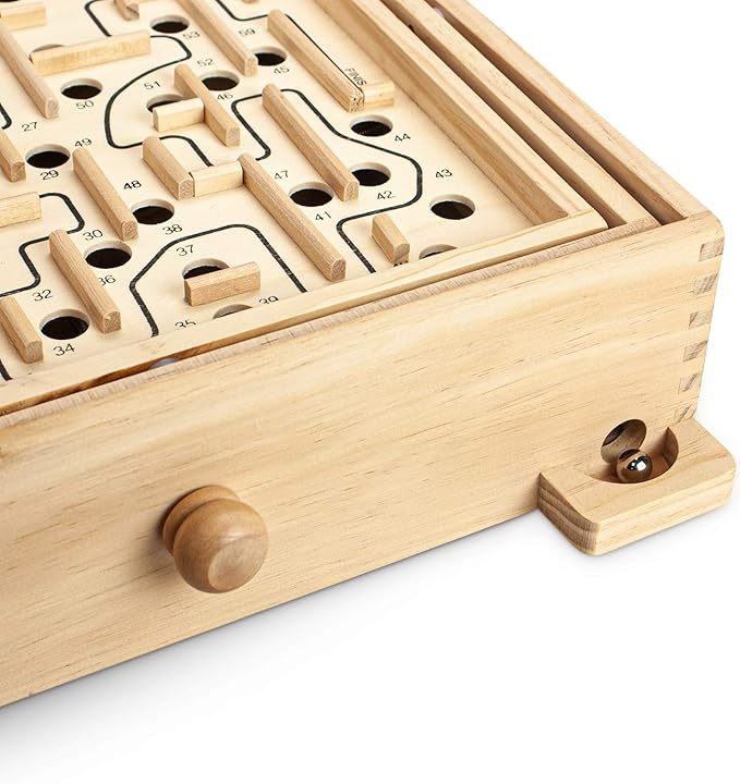 STERLING Games Large Wooden Labyrinth 13.5" x 13" Marble Ball Tilt Maze Wood Game with 60 Waypoints for 6 Years and Up