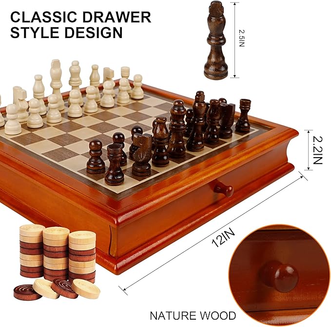 Juegoal 12-Inch Wooden Chess & Checkers Set with Storage Drawer, Portable Board Games for Kids and Adults