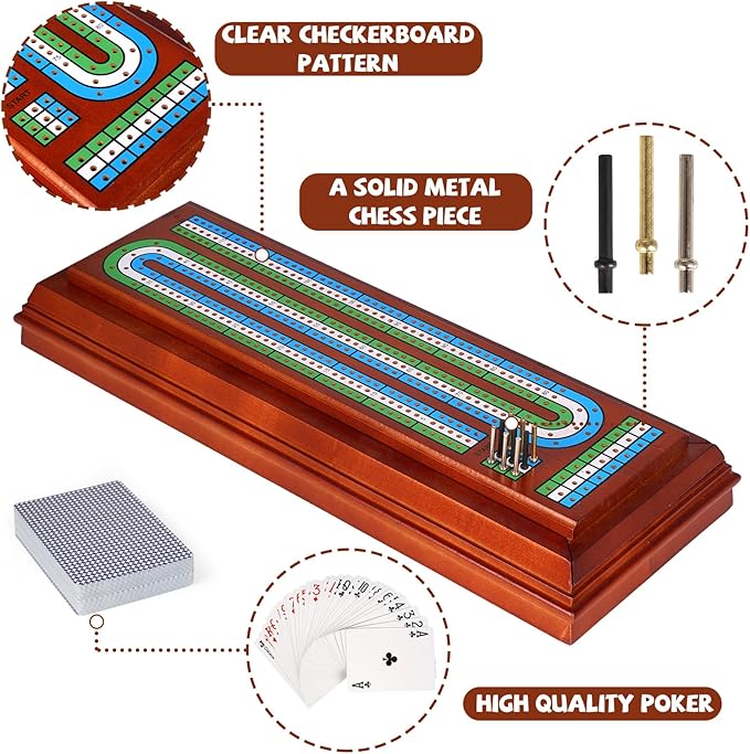Wooden Cribbage Board Game Set with Large Storage Area, Solid Wood 3 Track Cribbage Board, 9 Metal Pegs, 2 Playing Cards and Instruction. Travel Family Game Night Travel Cribbage Sets for All Ages