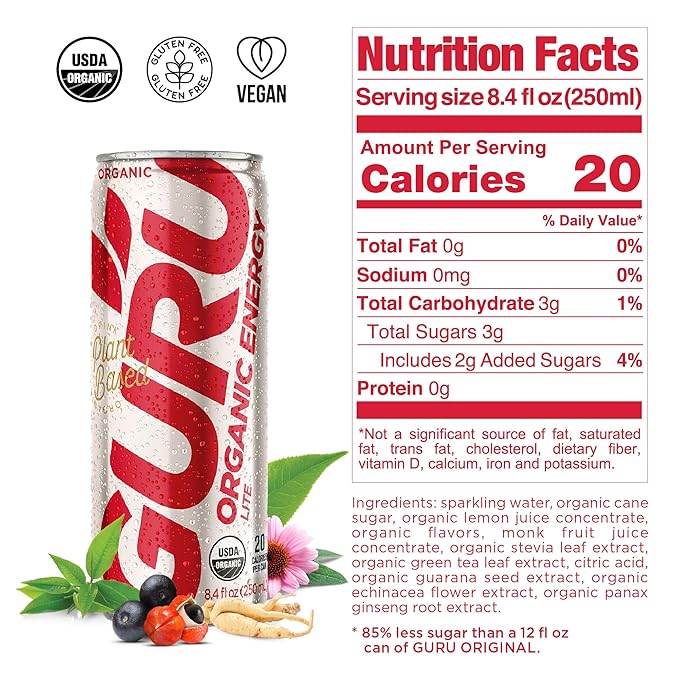 GURU Original and Lite Low Sugar Energy Drink Bundle, 48 Pack, Pre Workout Clean Energy Drinks with Green Tea, 100 mg Natural Caffeine, Low Calorie, Vegan, Organic, Plant Based, 8.4 oz Cans