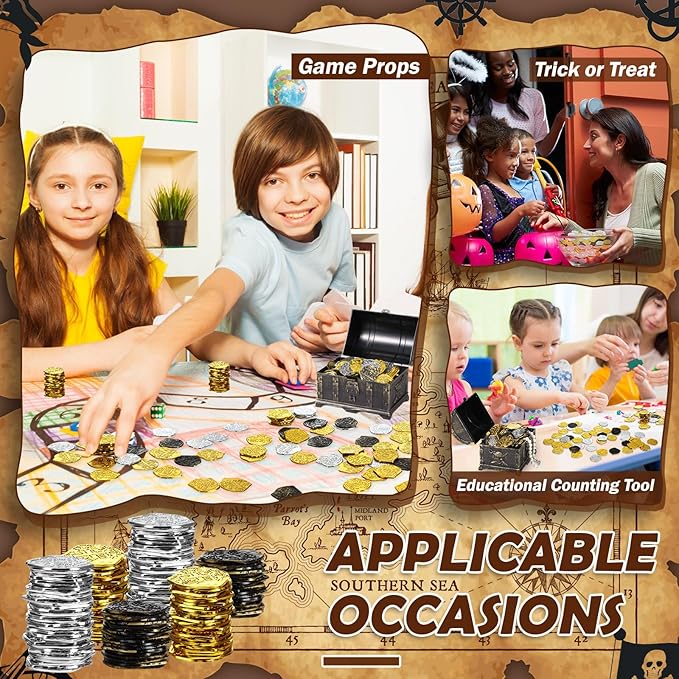 800 Pcs Plastic Pirate Coin Gold Treasure Spanish Doubloon Fake St. Patricks Toy Coin for Kids Board Games Pirate Party Cosplay Teachers Classroom Reward(Gold, Silver, Bronze)