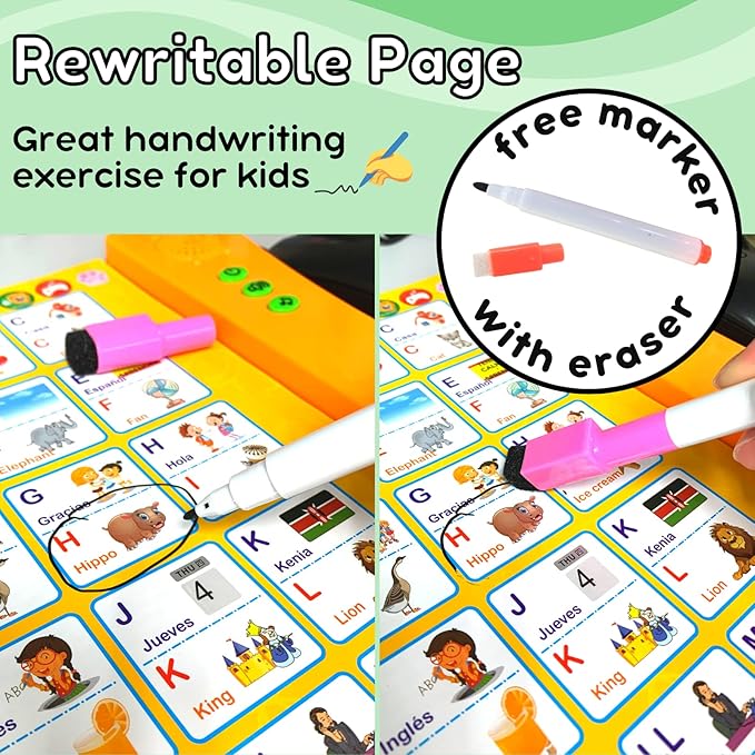 ZEENKIND Spanish & English Talking Learning Book for Kids 2 3 4 5 6 Years Old, Interactive Audio Sound Books, Toddler Educational Toy to Learn Spanish, Electronic Bilingual Toys, Juegos para Niños