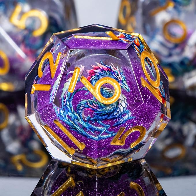 Dragon Pattern Liquid Core DND Dice Set, 7Pcs Sharp Edge Dice with Gift Box, Purple Resin Dungeons Dragons D and D Role Playing Dice D20 D12 D10 D8 D6 D4