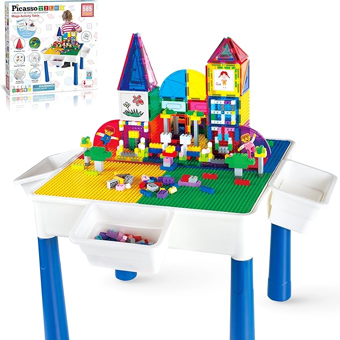 PicassoTiles 585pc Kids Activity Table with Magnetic Tiles and Bricks STEM Pretend Play Learning with Reversible Brick Whiteboard Tabletop Storage Bins and Extra Add-On Toys Boys Girls Ages 3+ PBT585
