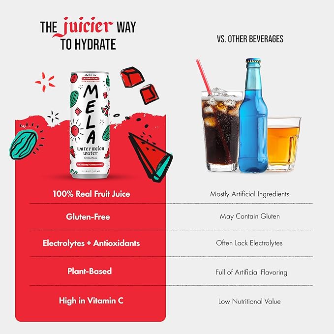 Mela Watermelon Water (12-Pack) - Natural Watermelon Juice Drink with Vitamin C, Electrolytes, Antioxidants - Coconut Water Alternative, Real Fruit Juice, Gluten-Free (Original, 11.15 fl oz)