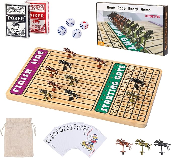 21 in Horse Race Board Game Racing Game Thickened Solid Wood with 11 Metal Horses, 2 Cards & 4 Dice, Horse Racing Game for 2-6 Players