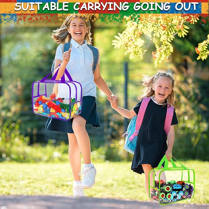 6 Colors Extra Large Toy Storage Bags 12.6×9.25×6.9In with Labels, Reusable Clear PVC Board Game Storage, Travel Waterproof Organizer Bags with Zipper for Building Blocks, Puzzle, Stuffed Animals