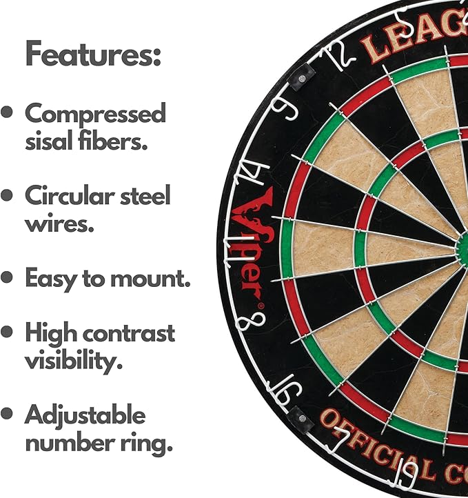 Viper League Pro Regulation Bristle Steel Tip Dartboard Starter Set with Staple-Free Bullseye, Radial Spider Wire, High-Grade Sisal with Rotating Number Ring, Chalk Cricket Scoreboard, Steel Tip Darts