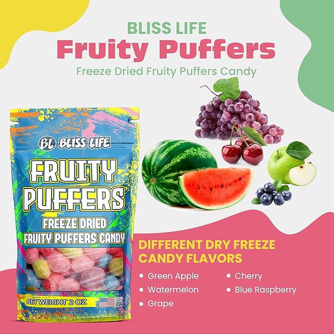 Bliss Life Fruity Puffers Freeze Dried Candy, Crunchy Sweet, For Parties, Classroom, Office, Goodie Bags, Snack for Kids (2oz)