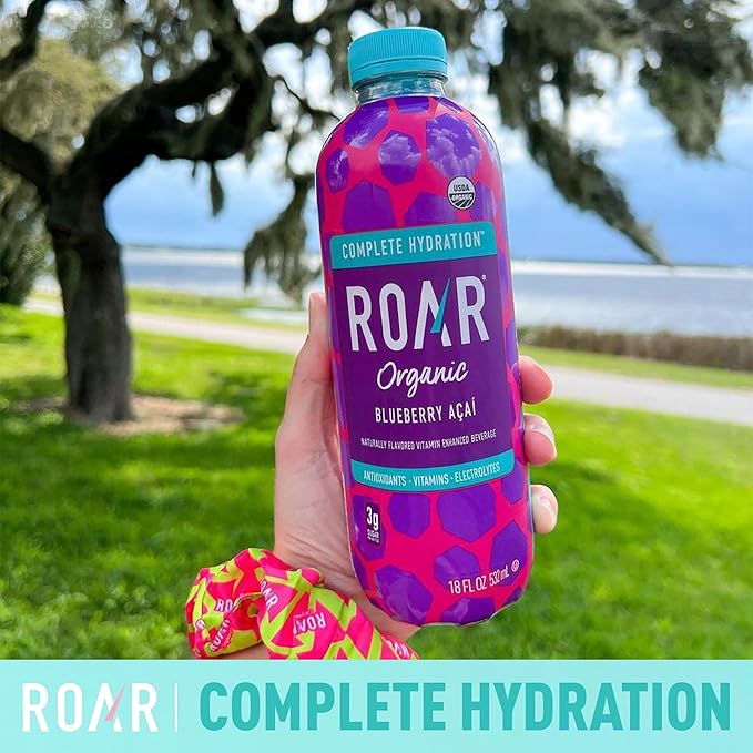 Roar Organic Electrolyte Infusions - USDA Organic - Blueberry Acai - with Antioxidants, B Vitamins, Low-Calorie, Low-Sugar, Low-Carb, Coconut Water Infused Beverage 18 Fl Oz (Pack of 12)