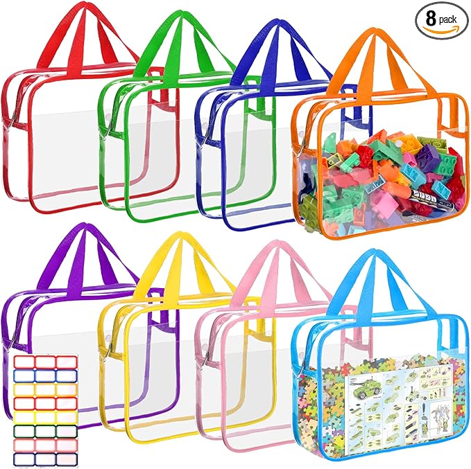 8 Packs Large Toy Storage Bags with Labels&Manual Pocket, Reusable Clear PVC Board Game Storage Bags, Travel Waterproof Organizer Bags with Zipper for Building Blocks, Puzzle, Toys