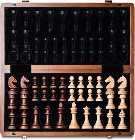 A&A 15" Magnetic Wooden Chess Set, Handmade 3" King Height Knight Staunton Chess Pieces with 2 Extra Queen, Folding Portable Travel Game Set