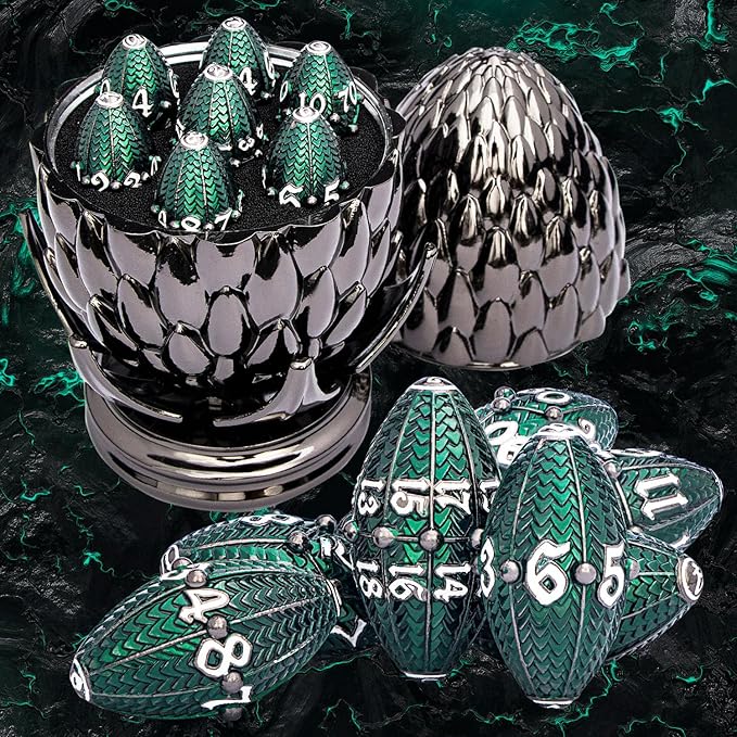 ARUOHHA DND Metal Dice Black Green Dragon Egg Dice with Rotating Dragon Egg Shell, Role Playing Game RPG Polyhedral D and D Dice Set D20 D12 D10 D8 D6 D4