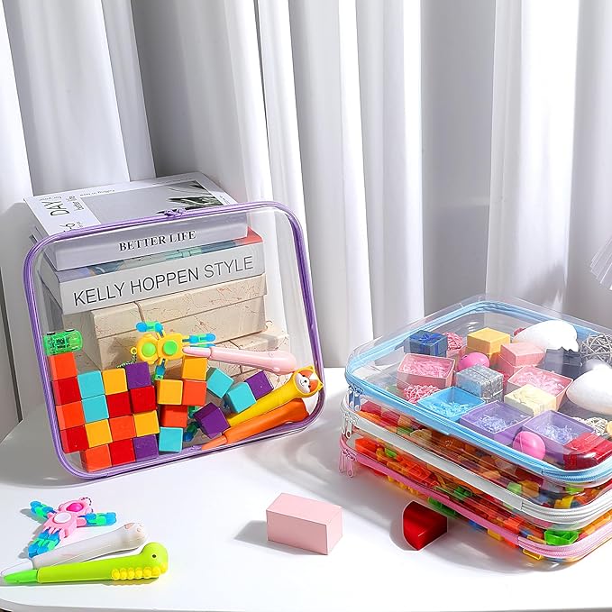 Hoolerry 4 Pcs Hard Clear Zipper Case Transparent Cases for Snacks Makeup Bag Plastic Storage Box Containers for Building Blocks, Puzzles, Cosmetics(Multicolor,13.8 x 11.8 x 2 in)