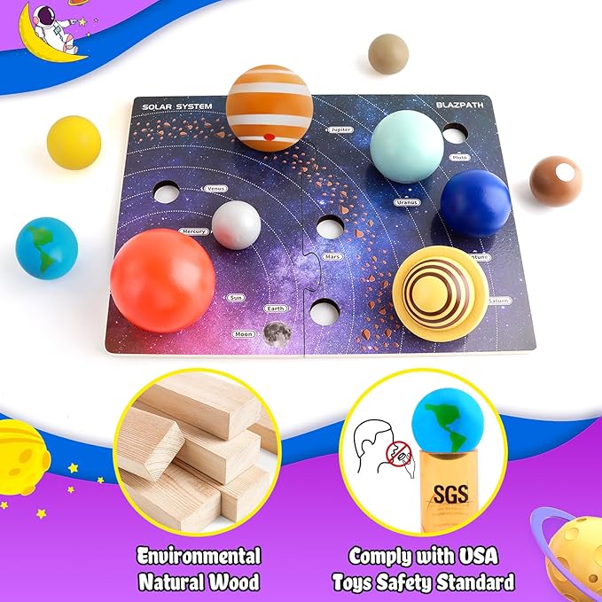 Solar System Wooden Puzzle Toy Model for Kid 3-5, Toddler Montessori Movable Planet Name Board Game, Outer Space Themed Imaginary Sensory Play Gift, Preschool Science Stem Learning Activity