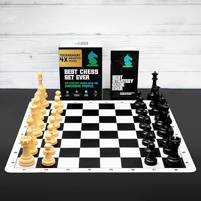 Best Chess Set Ever 4X Quadruple Weighted Tournament Chess Game (4.4" King) Large Staunton Modern Pieces, 20x20 Big Reversible & Foldable Silicone Mat, Professional Chess Board Set for Adults & Kids