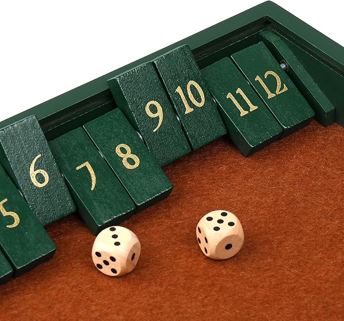 STERLING Games Wooden Shut The Box Game 12 Numbers with Home Decor Design Lid Cover and Felted Rolling Surface, Green