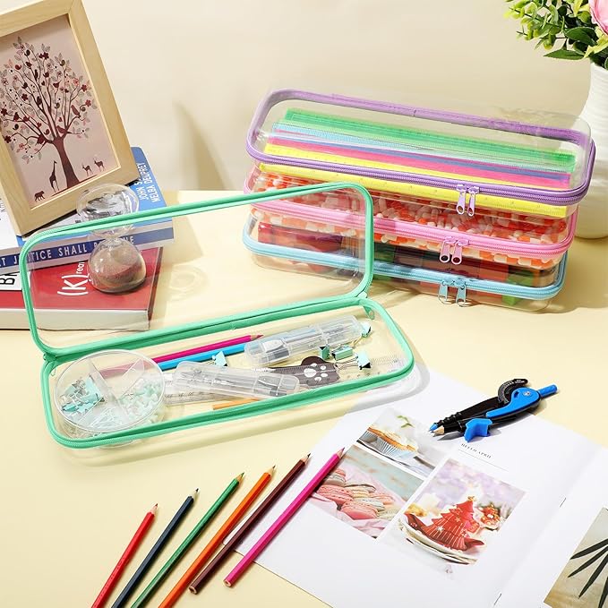 Hoolerry 4 Pcs Hard Clear Zipper Case Transparent Cases for Snacks Makeup Bag Plastic Storage Box Containers for Building Blocks, Puzzles, Cosmetics (Pastel,13.2 x 4.7 x 2.4 in)