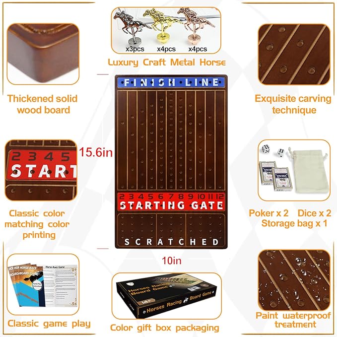 Metal Horse Race Board Game Racing Game Thickened Solid Wood with 11 Luxurious Durable Classic Metal Horses with 2 Dice and 2 Boxes of Cards Horse Racing Game (Walnut,Rectangle)